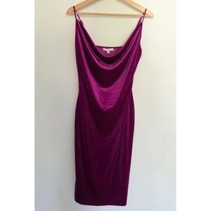 IRIS Purple Glitter Velvet Cowl Neck Spaghetti Strap Midi Dress‎ Size L
